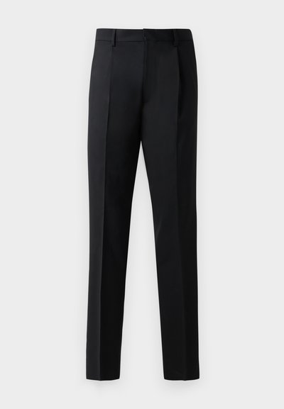 Pantaloni formali negri, confecționați dintr-un material neted, cu un design cu picior drept, pliuri frontale și talie standard fără aplicații.
