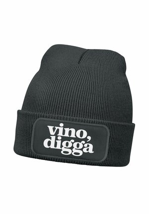 Black knit beanie with a ribbed texture and a folded cuff, featuring a rectangular patch displaying the text "vino, digga" in white.