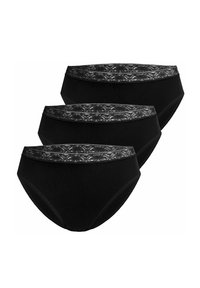 Black underwear set of three with lace-accented waistbands. Made from soft fabric, featuring a high-waisted design and smooth edges.