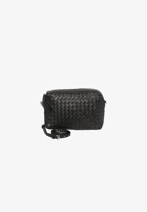 Black woven leather bag with a rectangular shape, zip closure, and an adjustable strap. Features a textured, interlaced pattern.
