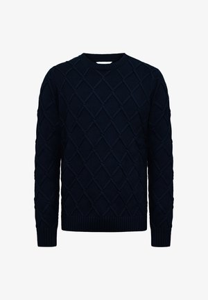 Pull bleu marine avec un motif de diamant texturé, doté de poignets et d'un ourlet côtelés. Fabriqué en tissu tricoté, avec un col rond.