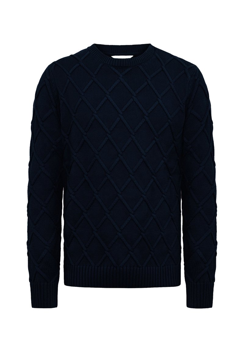 Maglione blu navy con un motivo a rombi testurizzati, caratterizzato da polsini e orlo a costine. Realizzato in tessuto a maglia, con scollatura a girocollo.