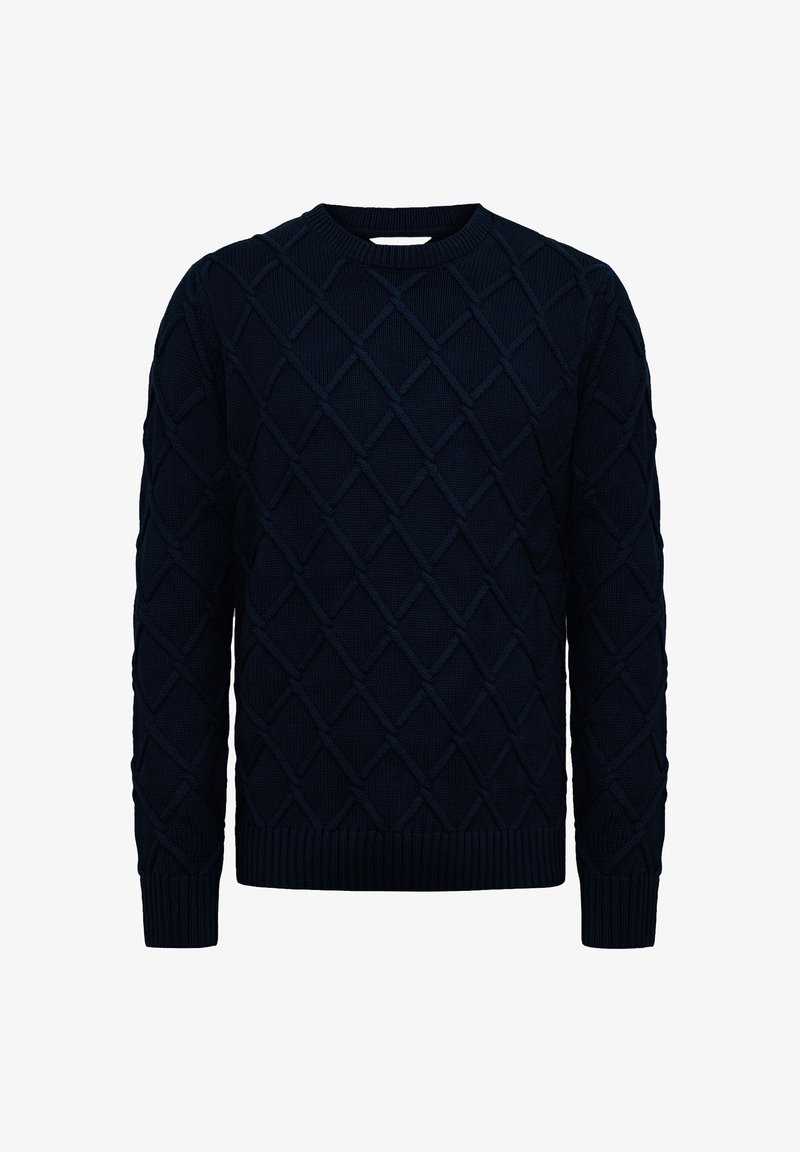 Granatowy sweter z teksturowanym wzorem w diamenty, z prążkowanymi mankietami i dołem. Wykonany z dzianiny, z okrągłym dekoltem.