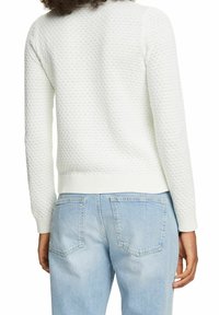 Personne portant un pull en maille blanc texturé et un jean en denim bleu clair, vue de dos, debout devant un fond blanc.