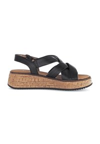 Zwarte leren wedge sandal met kruislings verstelbare banden, kurken platform en een gestructureerde zool. Voorzien van een verstelbare slingback voor een veilige pasvorm.