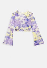 Purple and yellow tie-dye crop top with long bell sleeves, featuring a lightweight, smooth fabric and a round neckline.