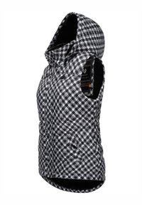 Melna un balta houndstooth raksta bez piedurknēm ar priekšējo rāvējslēdzēju, augstu apkakli un kontrastējošu iekšējo oderi, ar mīkstu tekstūru.