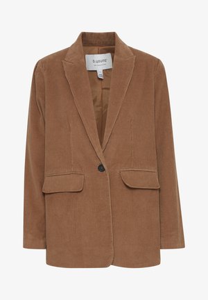 Blazer en velours côtelé marron avec des revers crantés, deux poches avant, fermeture à un bouton et doublure intérieure lisse.