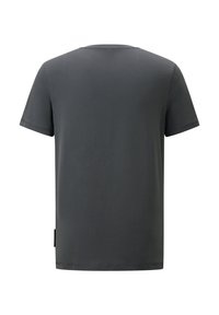 Grå kortærmet t-shirt med rund halsudskæring, lavet af glat bomuldsstof, med et lille logotag på venstre sidesøm.