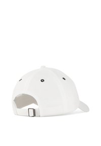 White cap with a curved brim, made of textured fabric. Features black eyelets and a silver metal adjustment strap at the back.