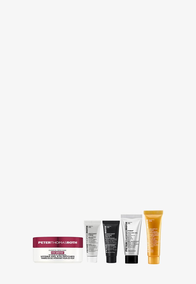 Zestaw kosmetyków do pielęgnacji skóry z białym i burgundowym słoiczkiem oraz czterema tubkami. Tubki są srebrne, czarne lub złote, posiadają różne faktury i nadrukowane etykiety.