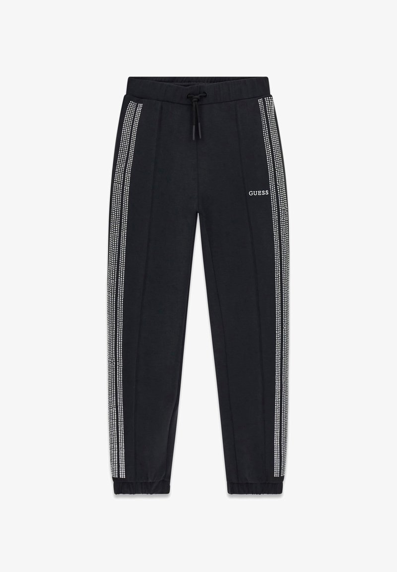 Sorte bomuldssweatpants med snøre i taljen, med sølvfarvede rhinsten langs siden og en lille "GUESS"-logo foran.