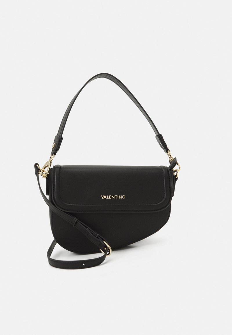 Black Valentino handbag with a structured design, featuring a top handle and adjustable strap, embossed logo on the front.