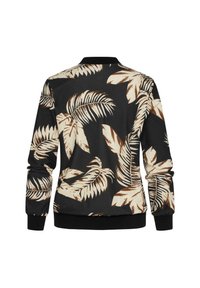 Veste bomber noire avec de grands motifs de feuilles de palmier beiges et bruns. Poignets et taille côtelés, conçue avec une texture de tissu douce.