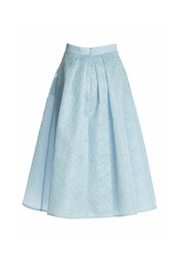 Jupe midi bleu clair taille haute avec motif jacquard floral et plis, créant une silhouette évasée en ligne A.