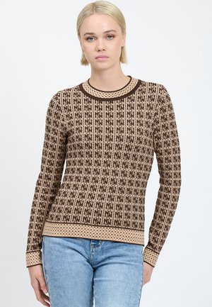 Maglione marrone a fantasia con un design geometrico, maniche lunghe e scollo rotondo. Accentuato da un bordo marrone uniforme.