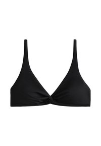 Čierny bikiny top s trojuholníkovým dizajnom, tenkými ramienkami a detailom uzla vpredu. Vyrobený z hladkej, elastickej látky.