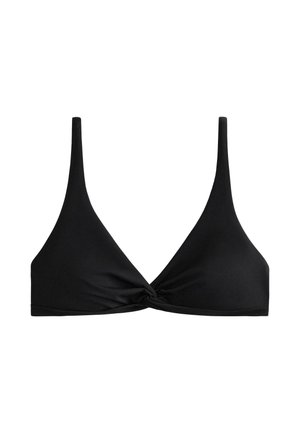Black bikini top with a triangular design, thin straps, and a front knot detail. Made from smooth, stretchy fabric.