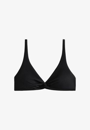 Čierny bikiny top s trojuholníkovým dizajnom, tenkými ramienkami a detailom uzla vpredu. Vyrobený z hladkej, elastickej látky.