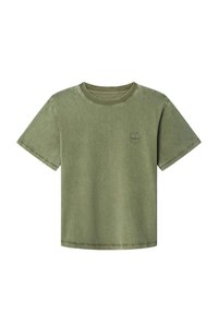 Olijfgroen katoenen T-shirt met ronde hals, korte mouwen, zichtbare stiksels en een kleine grafische print op de borst.