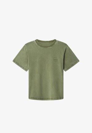 Olivenfarbener Baumwoll-T-Shirt mit Rundhalsausschnitt, kurzen Ärmeln, sichtbaren Nähten und einem kleinen Grafikdruck auf der Brust.