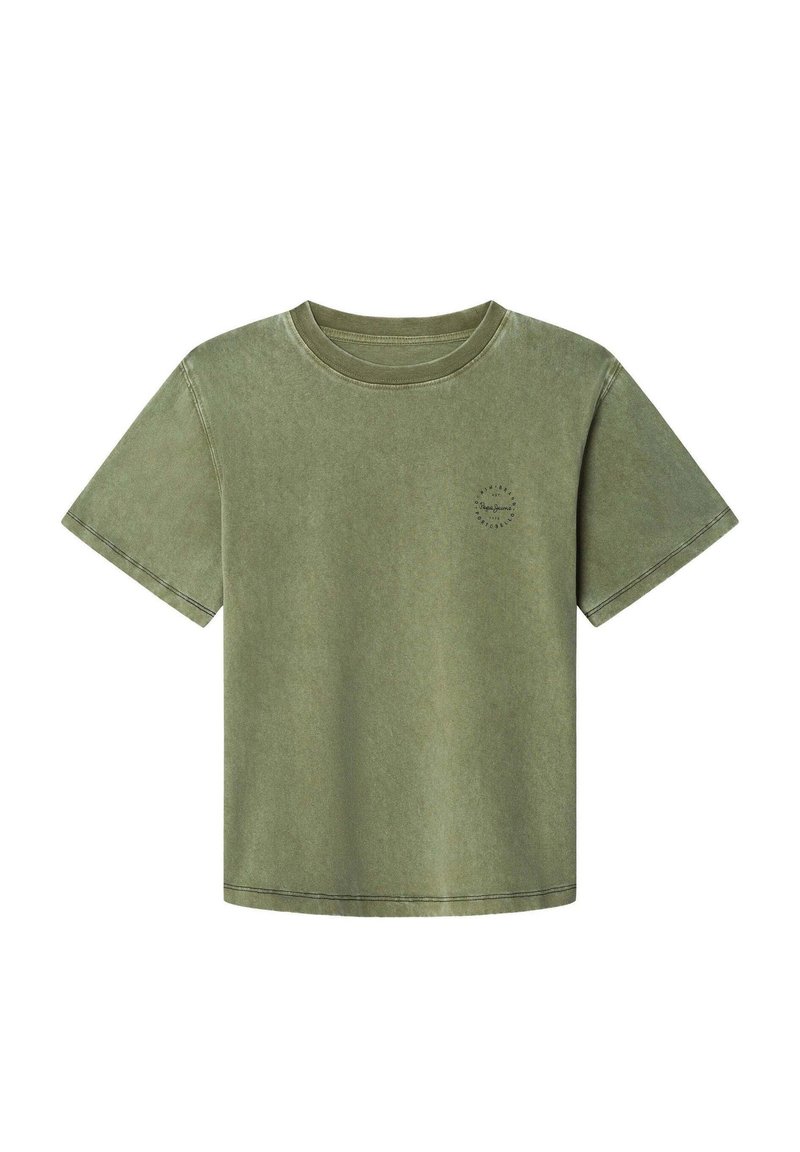 Olijfgroen katoenen T-shirt met ronde hals, korte mouwen, zichtbare stiksels en een kleine grafische print op de borst.