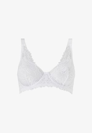 Witte kanten beha met bloemenpatronen, een soepele textuur en brede verstelbare banden, met een driehoekige cupvorm en gegolfde randen.