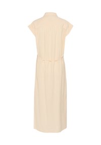 Vestito midi a righe beige con maniche corte, colletto e vita accentuata da cintura. Presenta una vestibilità comoda e una texture liscia.