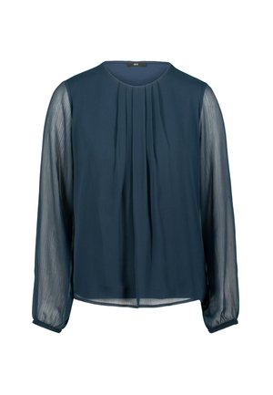 Dunkelblaue Bluse mit rundem Halsauschnitt, gefalteter Vorderseite und durchsichtigen langen Ärmeln. Knöpfe an den Bündchen und eine glatte Textur verleihen ihr ein geschichtetes Aussehen.