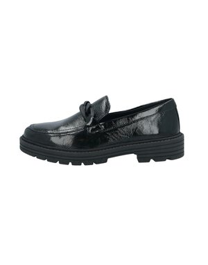 Schwarze Lacklederloafer mit strukturiertem Finish, ausgestattet mit einem dekorativen Knoten auf der Vorderseite und einer robusten Gummisohle.