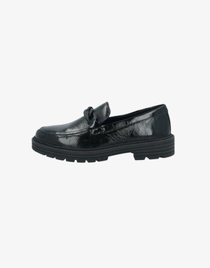 Black patent leather loafer with a textured finish, featuring a decorative knot on the front and a sturdy rubber sole.