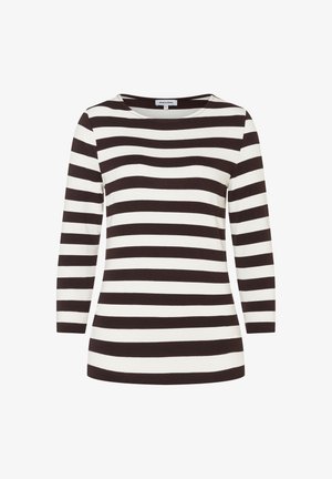 Striped long-sleeve top with black and white horizontal stripes, round neckline, and soft fabric. Classic design suitable for casual wear.