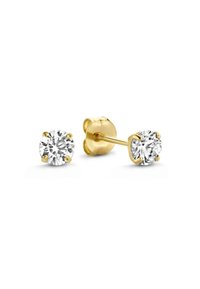 Boucles d'oreilles en or avec des pierres précieuses claires rondes, présentant des montures à quatre griffes et un design épuré. Texture métallique lisse et finition polie.