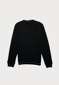 Sudadera negra de mangas largas, con puños y dobladillo de canalé, que presenta un escote redondo con un acento de raya azul. Tejido suave y ligero.