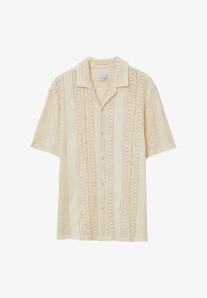 Cremfarbendes Kurzarm-Hemd mit Knopfleiste, das ein spitzenähnliches Strickmuster und vertikale Streifen aufweist. Es hat einen klassischen Kragen und hellbeige Knöpfe.