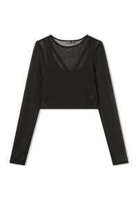 Czarny krótki top z długim rękawem, z siateczkowym wzorem, okrągłym dekoltem i subtelnym logo marki. Miękka struktura i dopasowany krój.