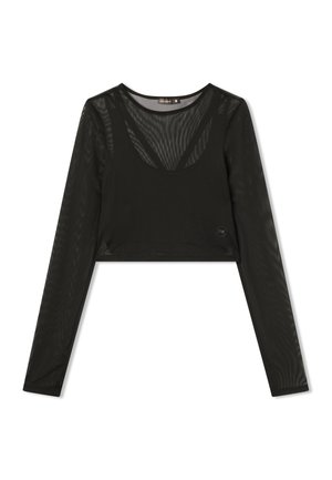 Czarny krótki top z długim rękawem, z siateczkowym wzorem, okrągłym dekoltem i subtelnym logo marki. Miękka struktura i dopasowany krój.