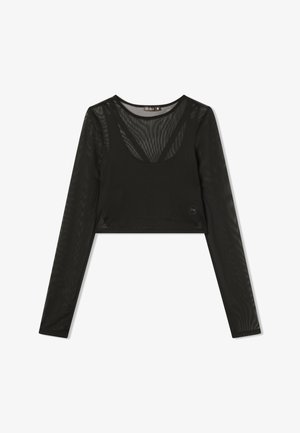 Czarny krótki top z długim rękawem, z siateczkowym wzorem, okrągłym dekoltem i subtelnym logo marki. Miękka struktura i dopasowany krój.