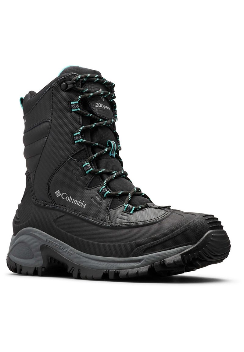 Bottes noires imperméables avec des accents teal, dotées d'une semelle rembourrée, d'une surface texturée et d'une tige haute pour le soutien de la cheville.