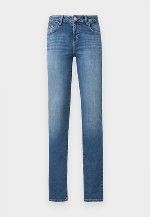 Õhuke sinist värvi teksapüksid, millel on kerge tuhmumine, eesmine nööp- ja tõmblukukinnitus, vööaasad ning klassikalise viie taskuga disain.