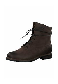Bottines en cuir marron avec un bout rond, un laçage, des détails cousus et un petit talon. Texture lisse et style minimaliste.
