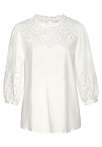Witte blouse met een textuur en geborduurd ontwerp met cirkelvormige patronen, pofmouwen en een kleine knoopsluiting op de rug.