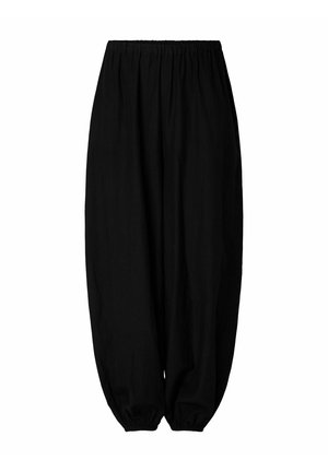 Løse sorte bukser med elastisk talje og elastiske manchetter, lavet af letvægtsstof, velegnet til afslappet brug.