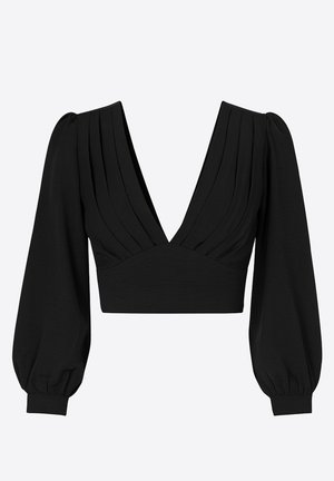 Czarny krótki top z głębokim dekoltem w kształcie litery V, plisowanymi detalami i bufkami na długich rękawach. Wykonany z gładkiej tkaniny z dopasowaną talią.