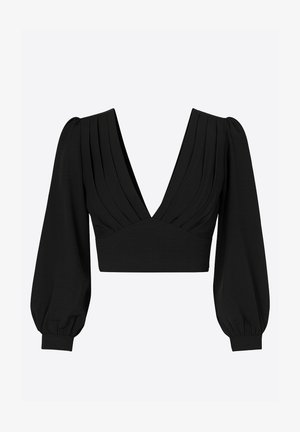 Haut noir court avec un décolleté en V profond, des détails plissés et des manches longues bouffantes. Fabriqué en tissu lisse avec une taille ajustée.