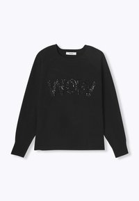 Sweatshirt noir avec des manches raglan arborant un design en sequins scintillants "WOW" sur le devant. Tissu doux et poignets côtelés.