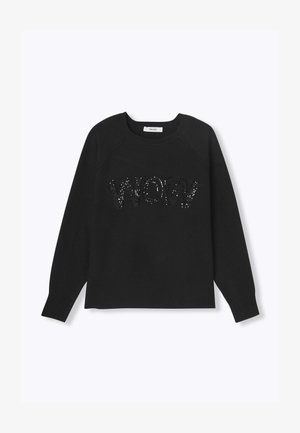 Sweatshirt noir avec des manches raglan arborant un design en sequins scintillants "WOW" sur le devant. Tissu doux et poignets côtelés.