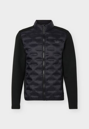 Black zip-up jacket with padded front panel, smooth fabric sleeves, and "Ted Baker Sport" logo on left chest.