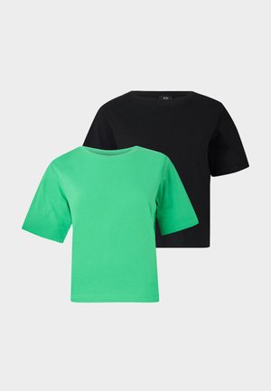 Dwa T-shirty z krótkim rękawem w kolorze zielonym i czarnym z bawełny. Każdy ma okrągły dekolt i luźny krój, nie posiada wzorów ani akcentów.