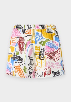 Farebné šortky s kombináciou grafických potlačí, vrátane abstraktných tvarov a ilustrácií zvierat, s elastickým pásom pre pohodlie.